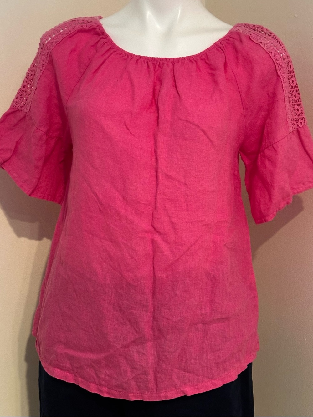TERZO MILLENNIO Pink Off-Shoulder  Geometric Lace Peasant 100% Linen Blouse Sz M